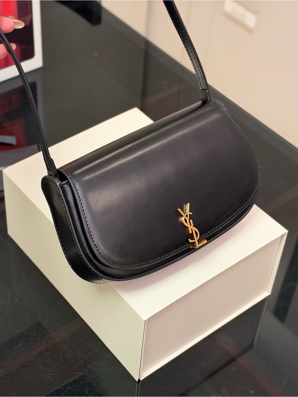Saint Laurent Black Leather Saddle Bag with Gold YSL Emblem